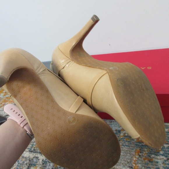 Antonio Melani Leather Ankle Boots Booties Peep Toe Size 7 Tan High Heels 440 - Picture 5 of 13